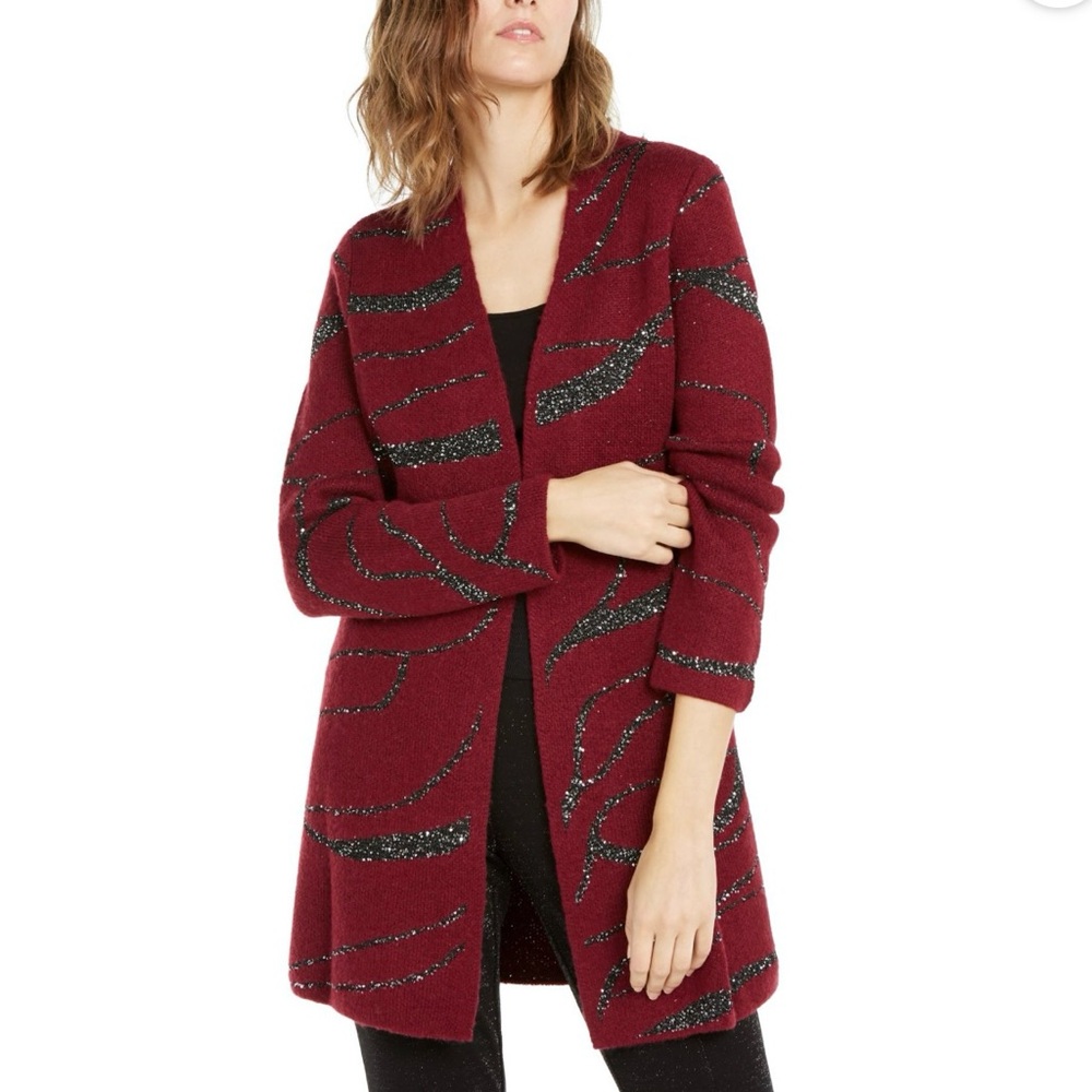 ALFANI Cardigan Sweater Sequin Swirl Women's SIZE LARGE Berry Jam Red Knit Coat